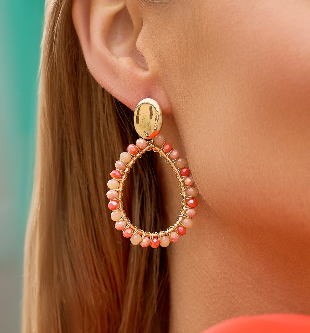 Kolczyki łezki z brzoskwiniowymi i malinowymi kryształkami KWE0281 - By Dziubeka