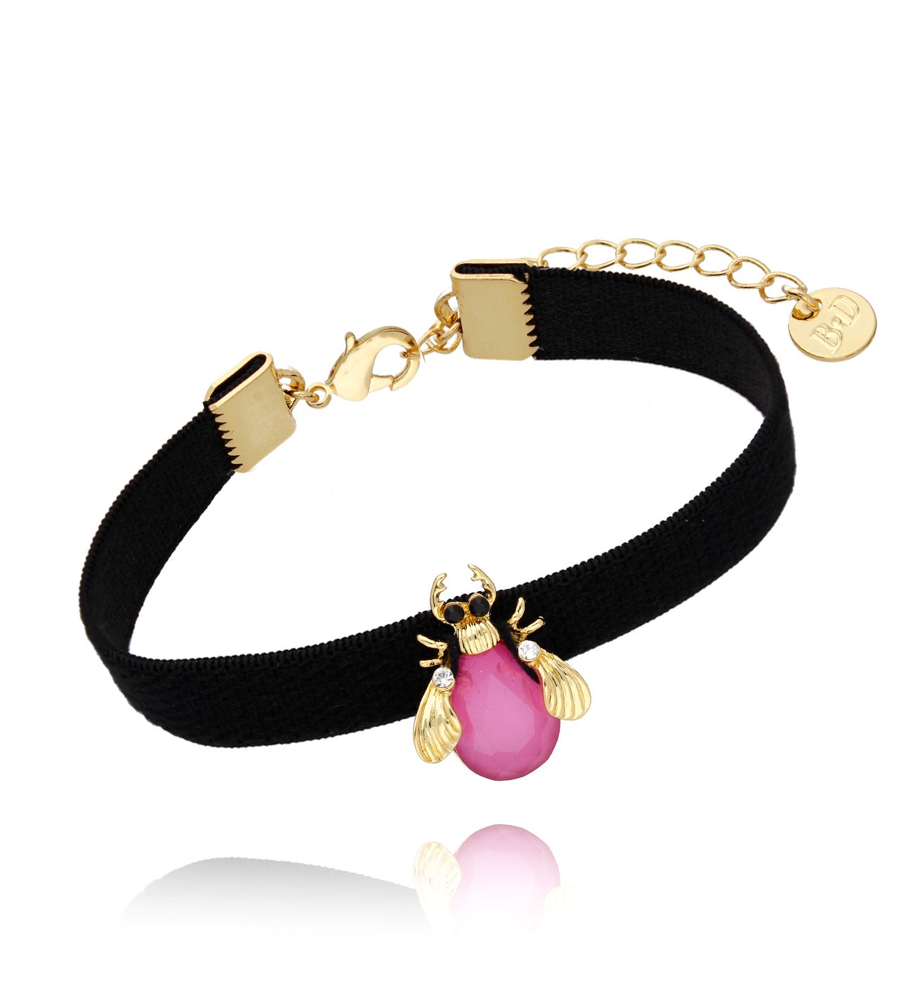 Bransoletka z różowym owadem na tasiemce Bleu - By Dziubeka