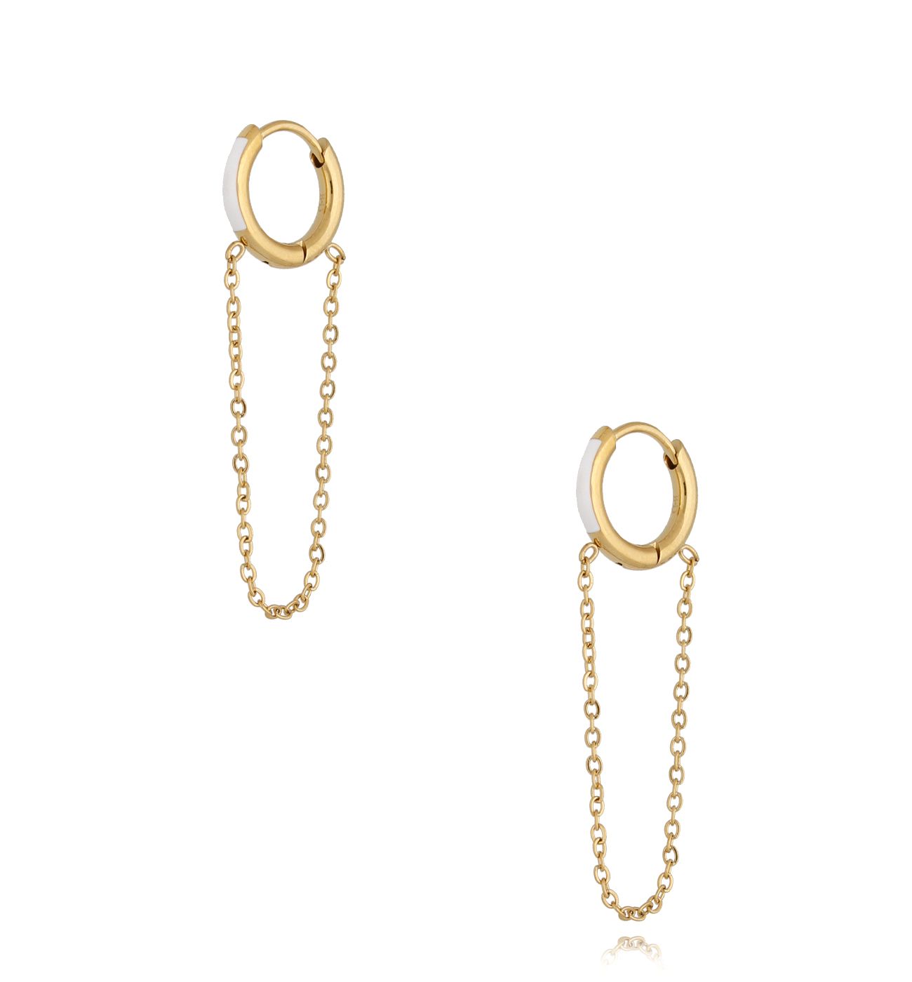 Kolczyki koła z białą emalią i łańcuszkiem Enamel Hoops - By Dziubeka