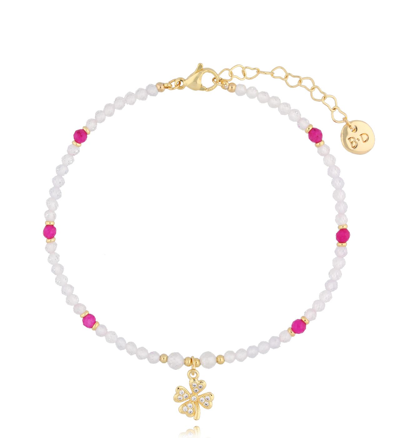 Bransoletka na nogę biało fuksjowa z koniczynką Barrie BNTW0088