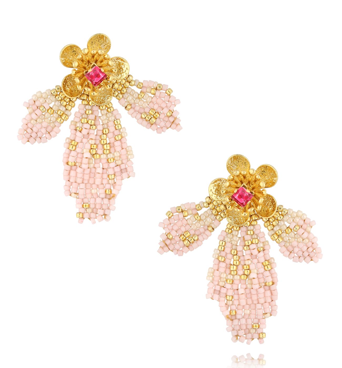 Kolczyki z kwiatkami różowe Floral Leaf KBI0014 - By Dziubeka