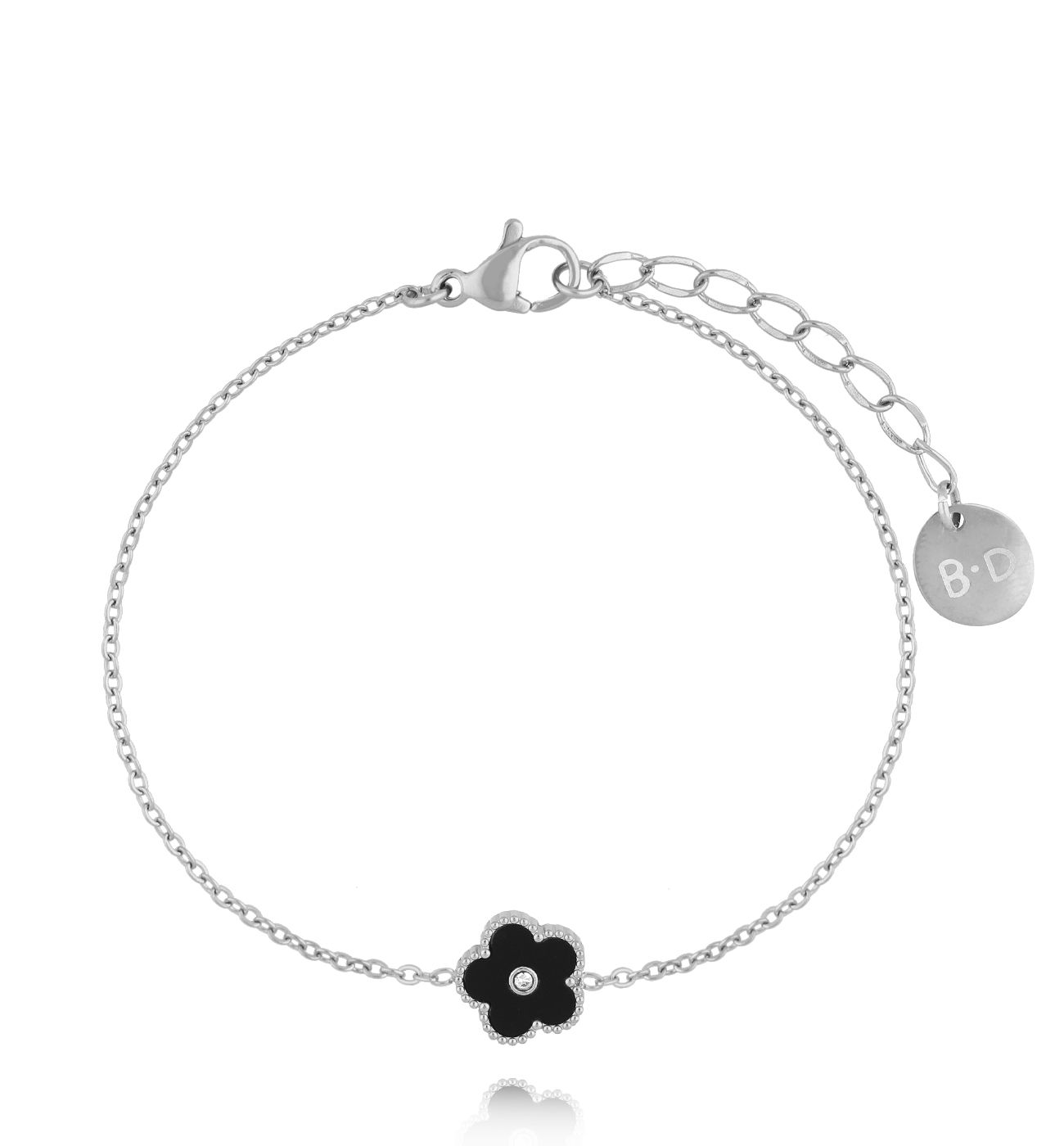 Bransoletka z czarnym kwiatuszkiem srebrna BSY0231 - By Dziubeka