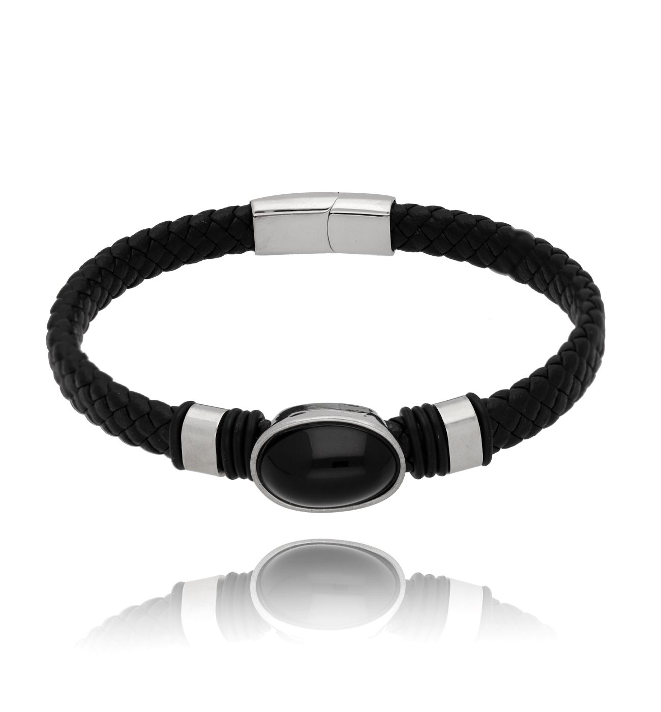 Bransoletka z agatem, ze skóry i stali szlachetnej Garda 05 - By Dziubeka