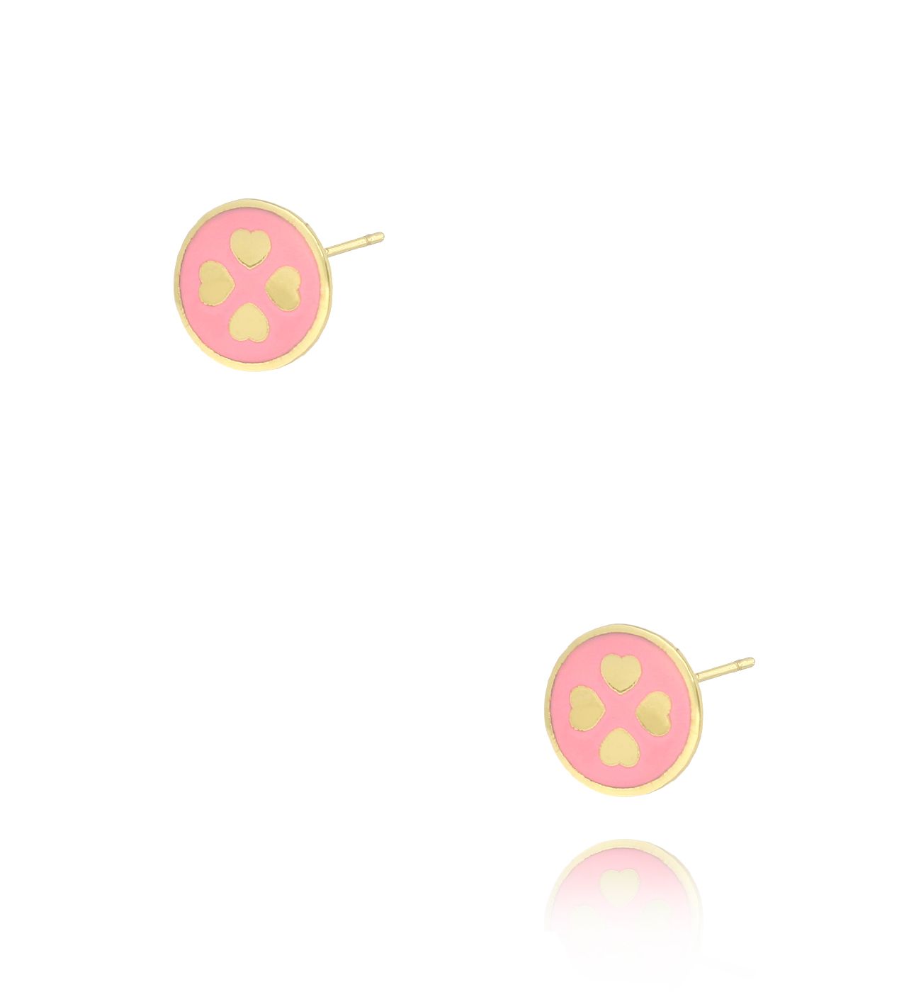 Kolczyki złote z koniczynką i różową emalią KCA0014