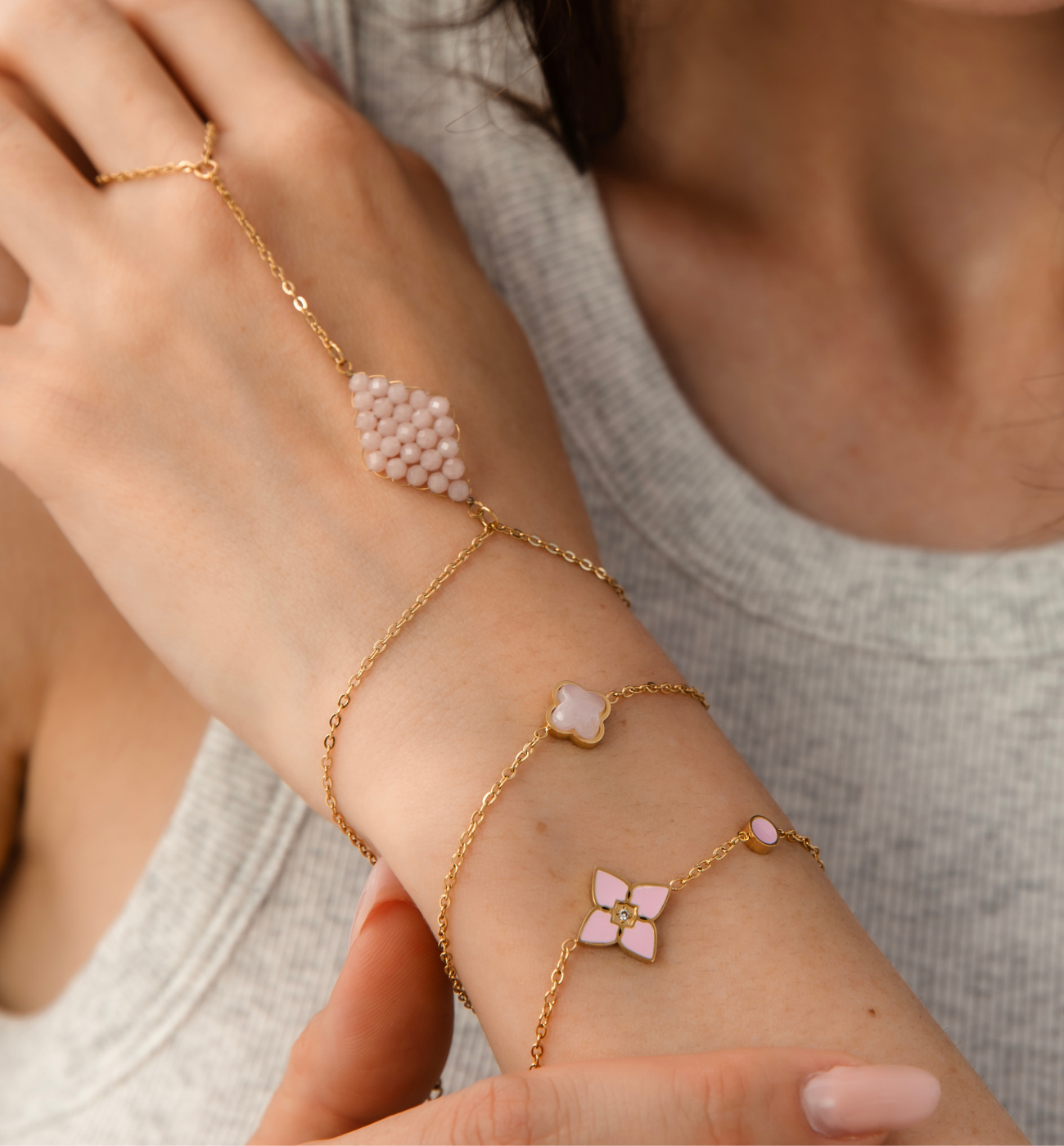 Zestaw bransoletek z kwarcem różowym Z0256 - By Dziubeka