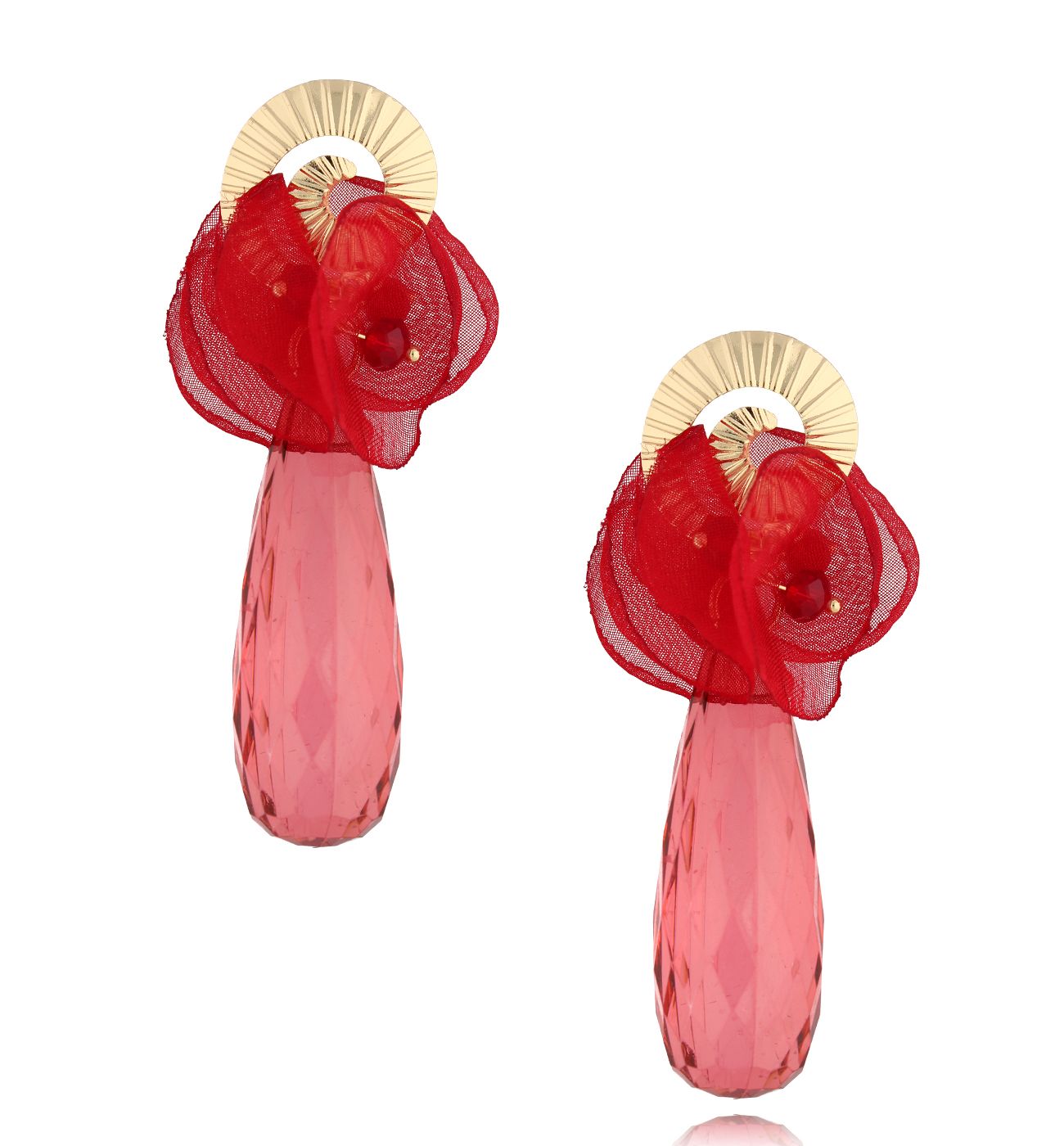 Kolczyki złote z czerwoną tkaniną i kryształem Maxentia - By Dziubeka