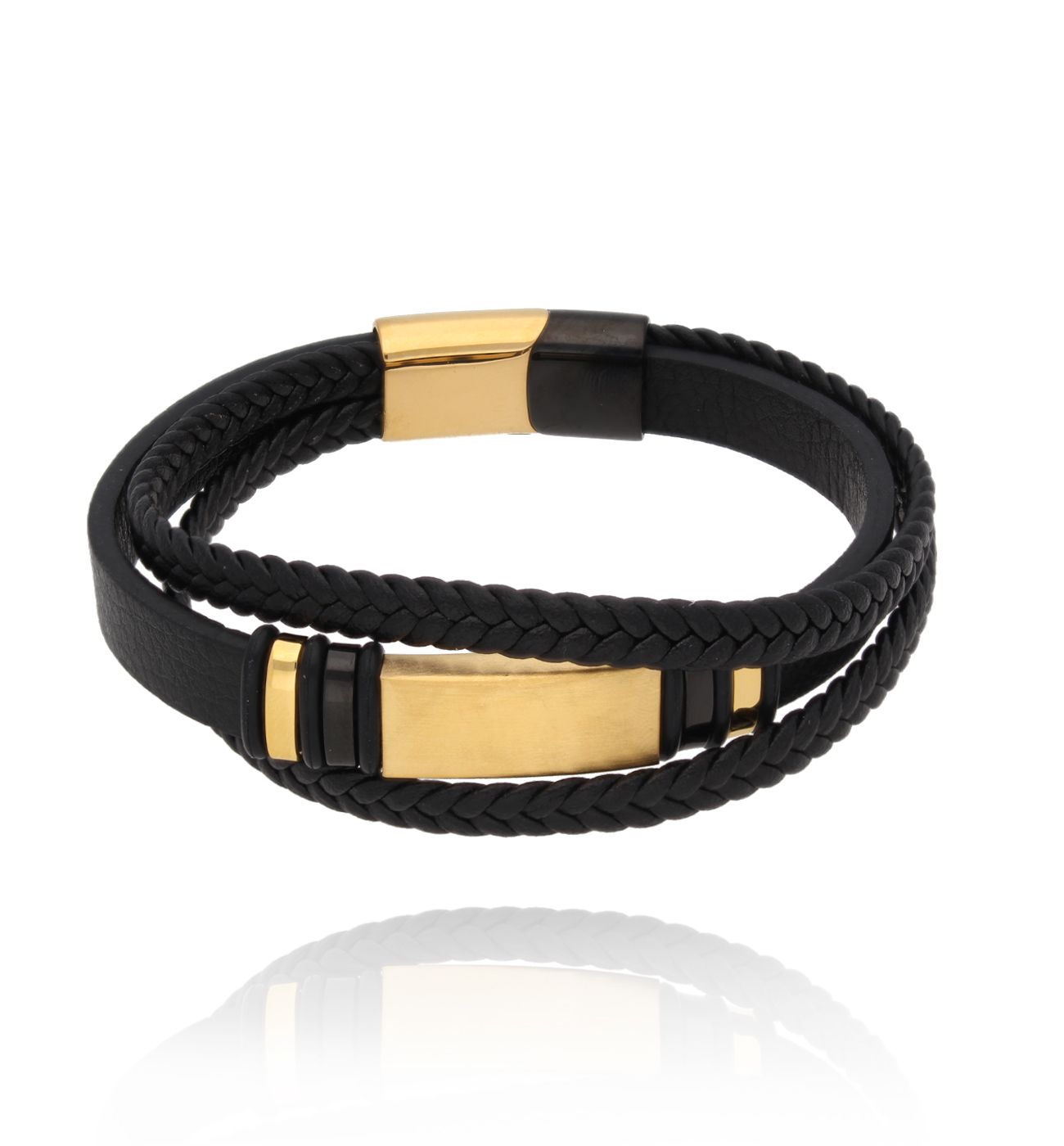 Bransoletka męska skórzana czarna ze złotem 57 - By Dziubeka