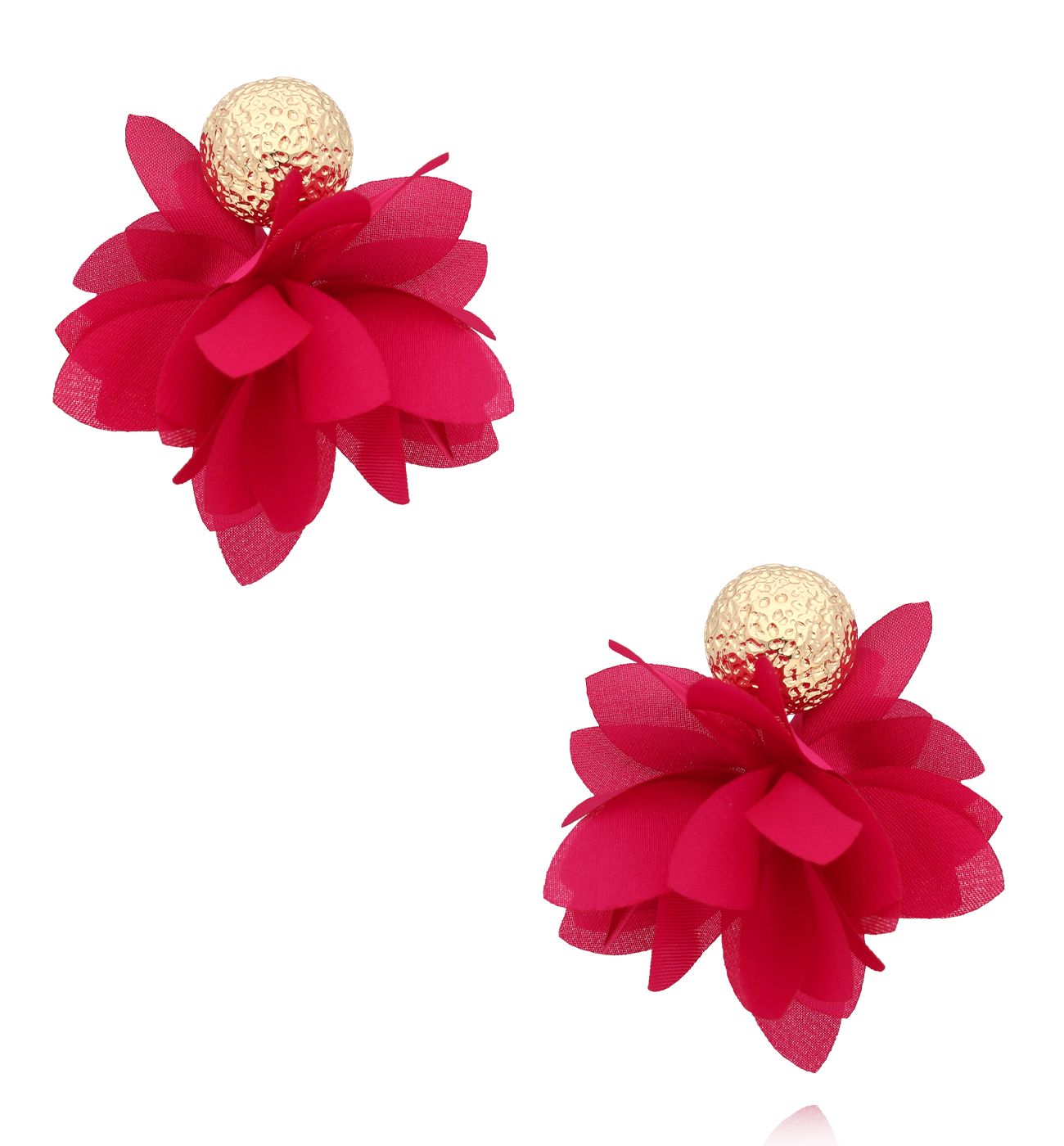 Kolczyki fuksjowe materiałowe ze złotą kulką - By Dziubeka