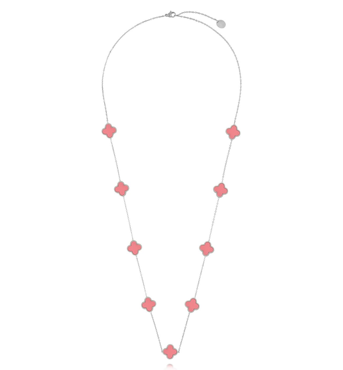 Naszyjnik z różowymi koniczynkami długi srebrny NSY0366
