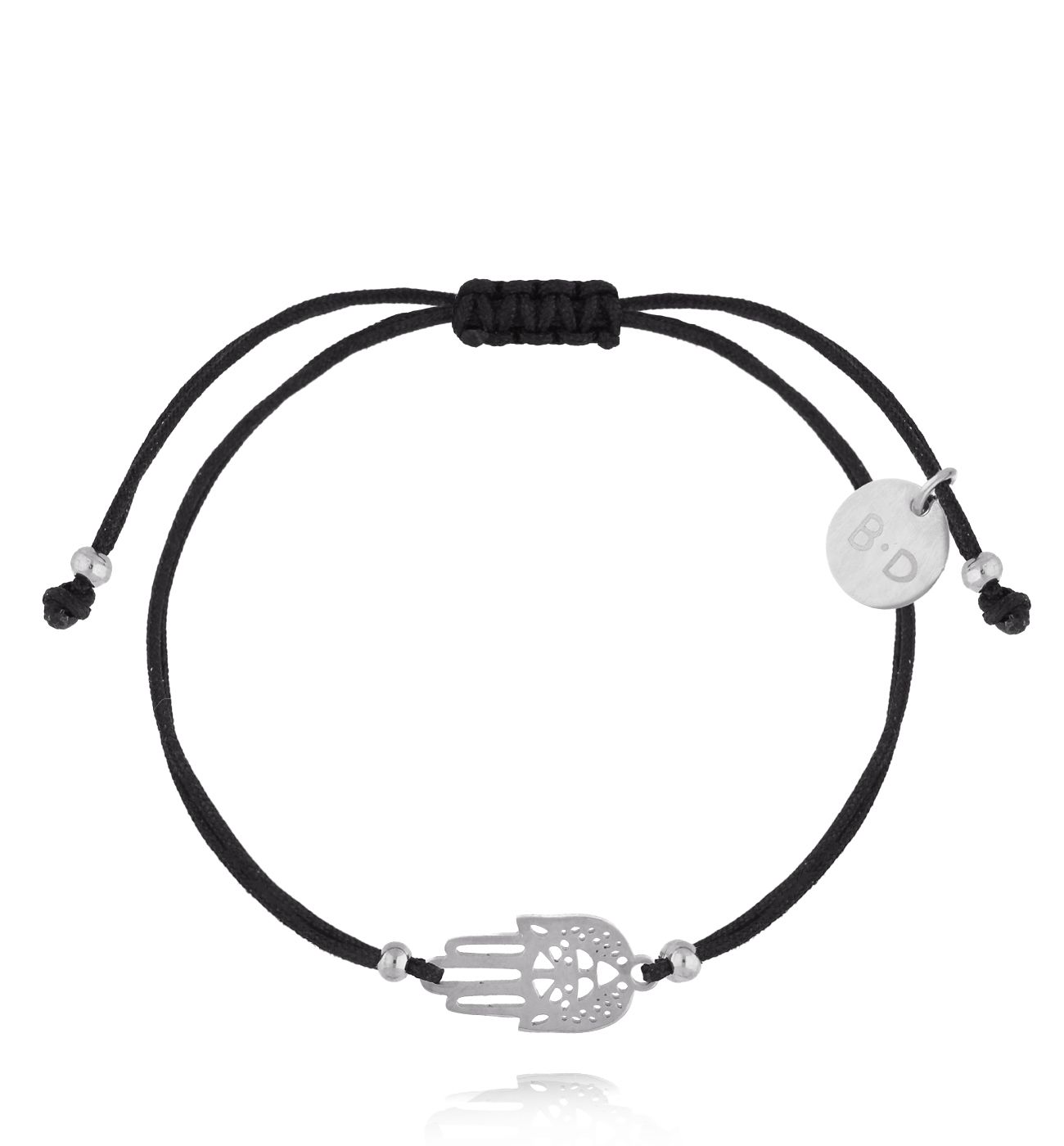 Bransoletka srebrna z czarnym sznurkiem i ręką Fatimy Patte BGL0818