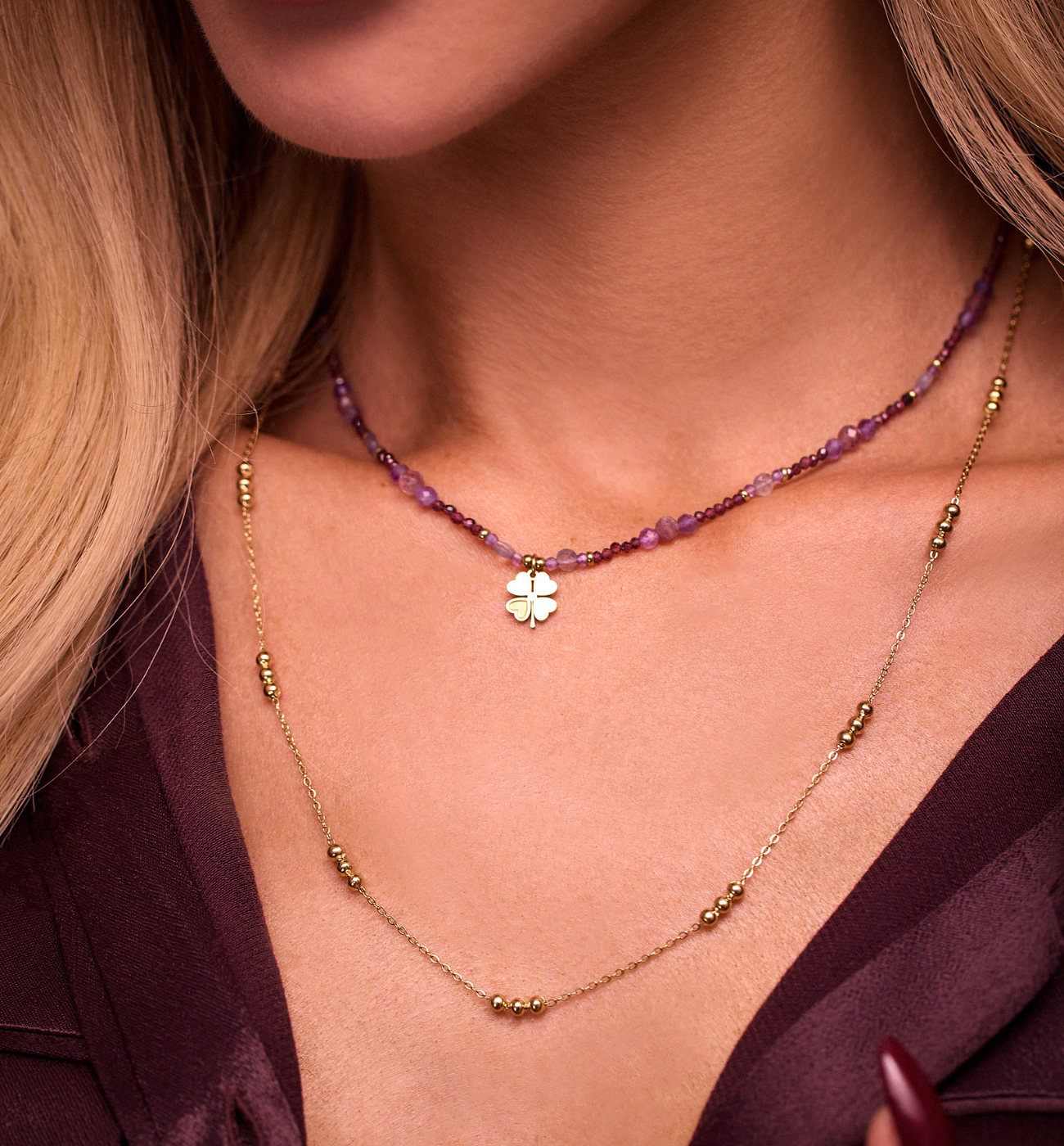 Naszyjnik z ametystami i koniczynką - By Dziubeka