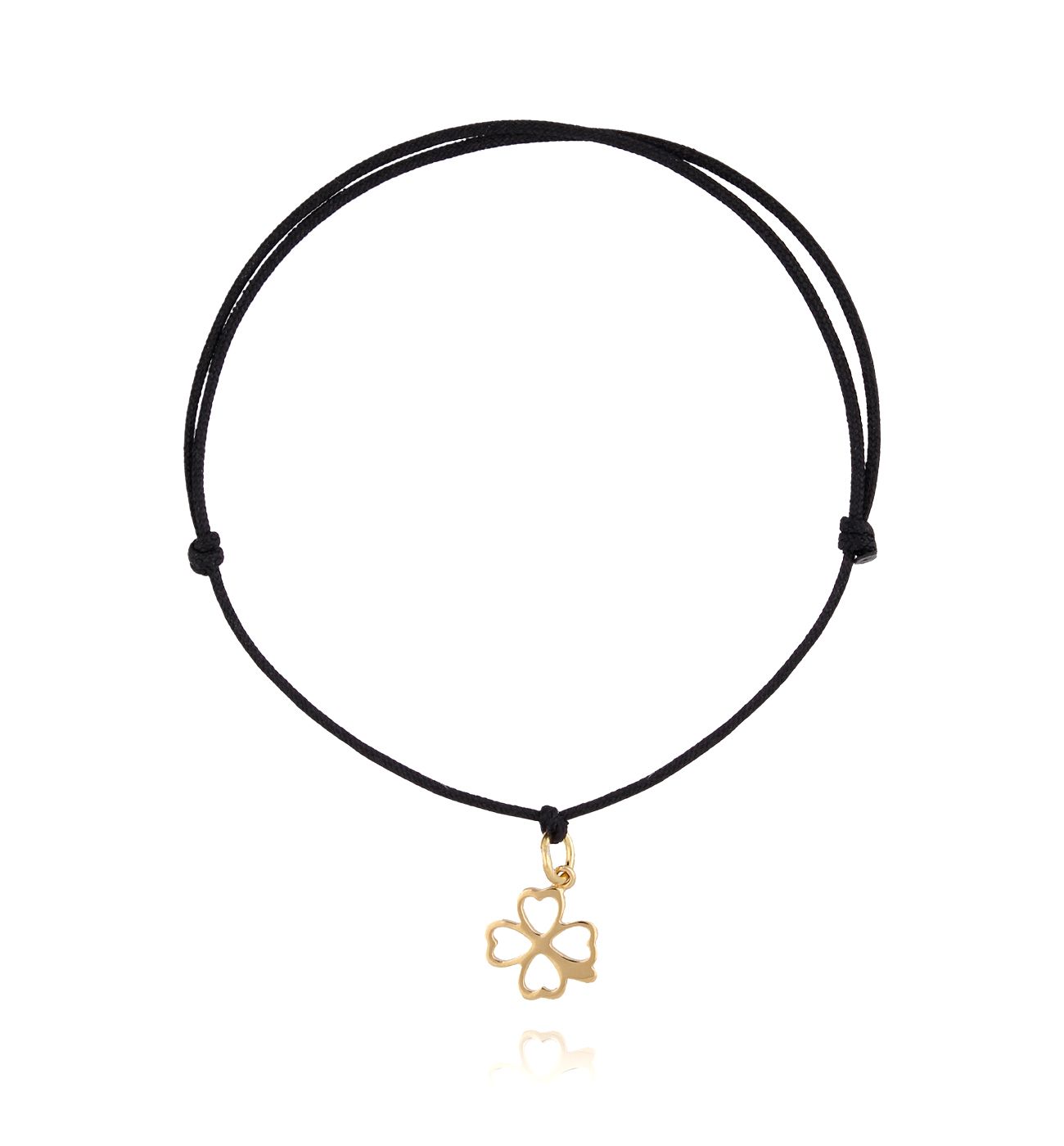 Bransoletka pozłacana koniczynka na czarnym sznurku BSE0083