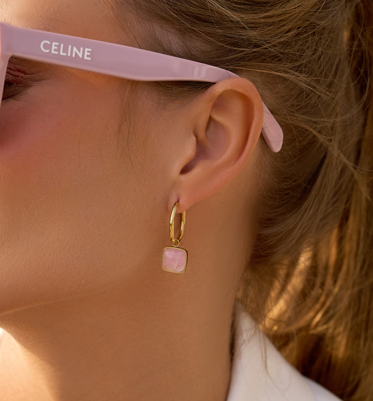 Kolczyki złote kółka z kwarcem różowym Ritual KSA1690