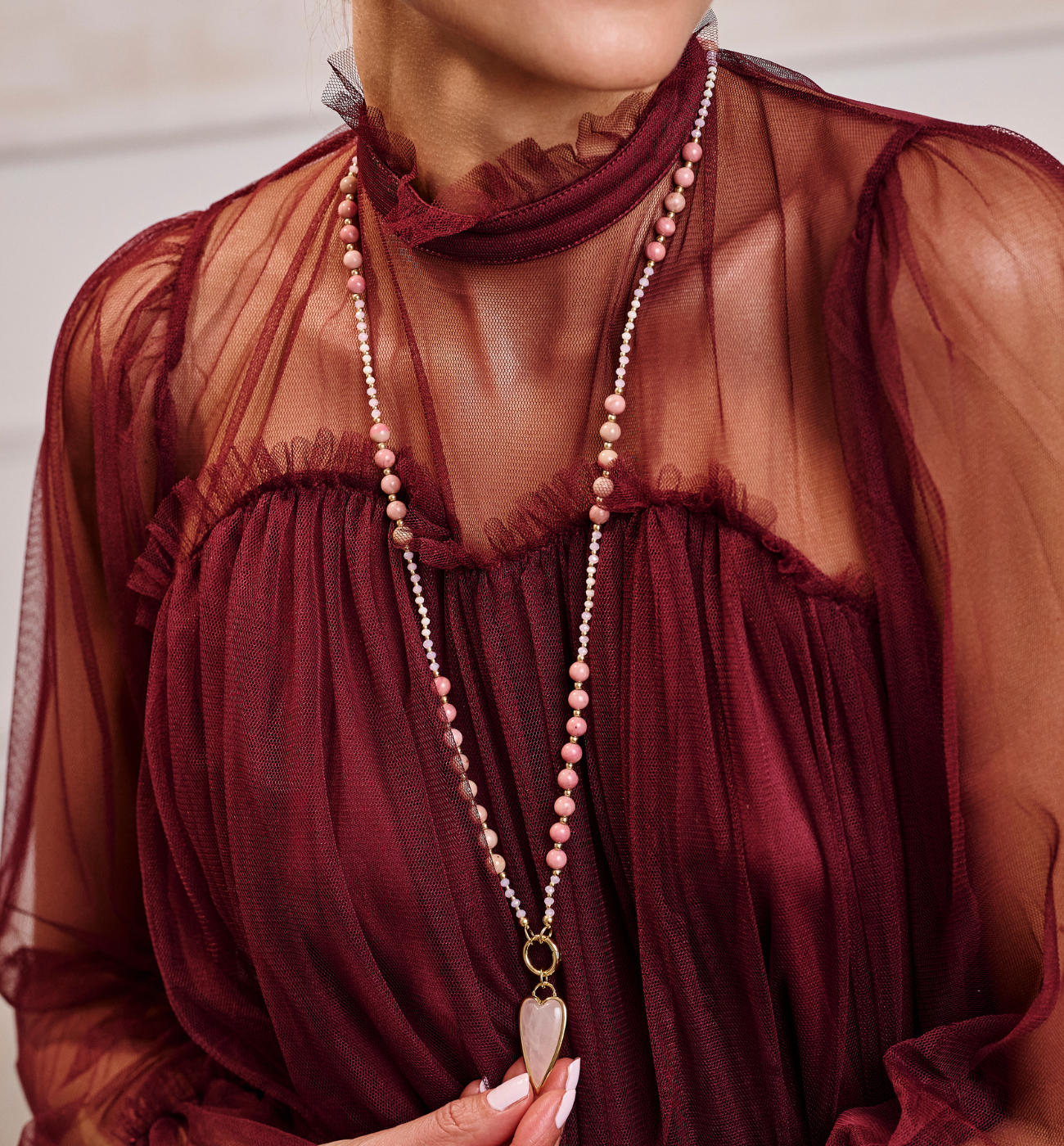 Naszyjnik różowy z rodonitami i sercem NSC0671