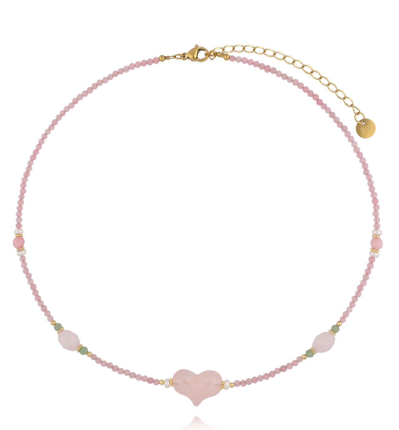 Naszyjnik z różowym sercem i kwarcami różowymi - By Dziubeka