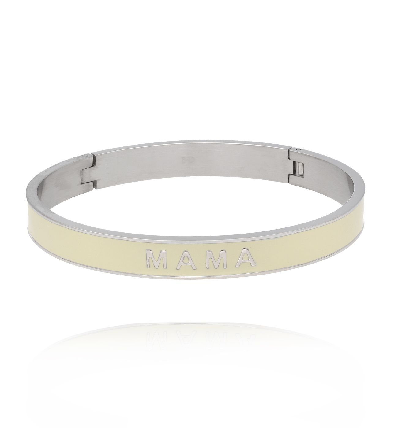Bransoletka obręcz z kremową emalią i napisem Mama - By Dziubeka