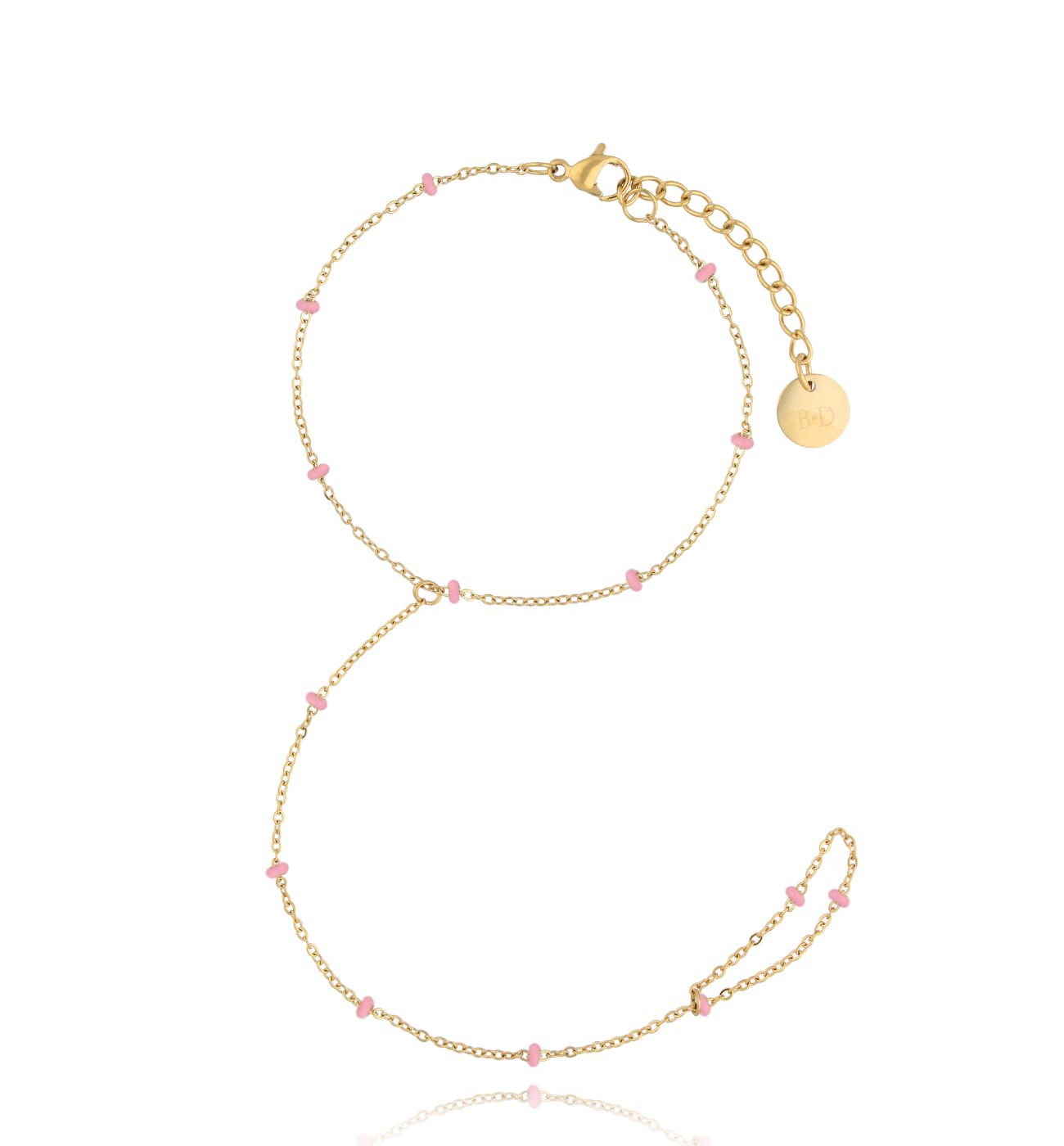 Bransoletka z pierścionkiem i różową emalią Simple Chain - By Dziubeka