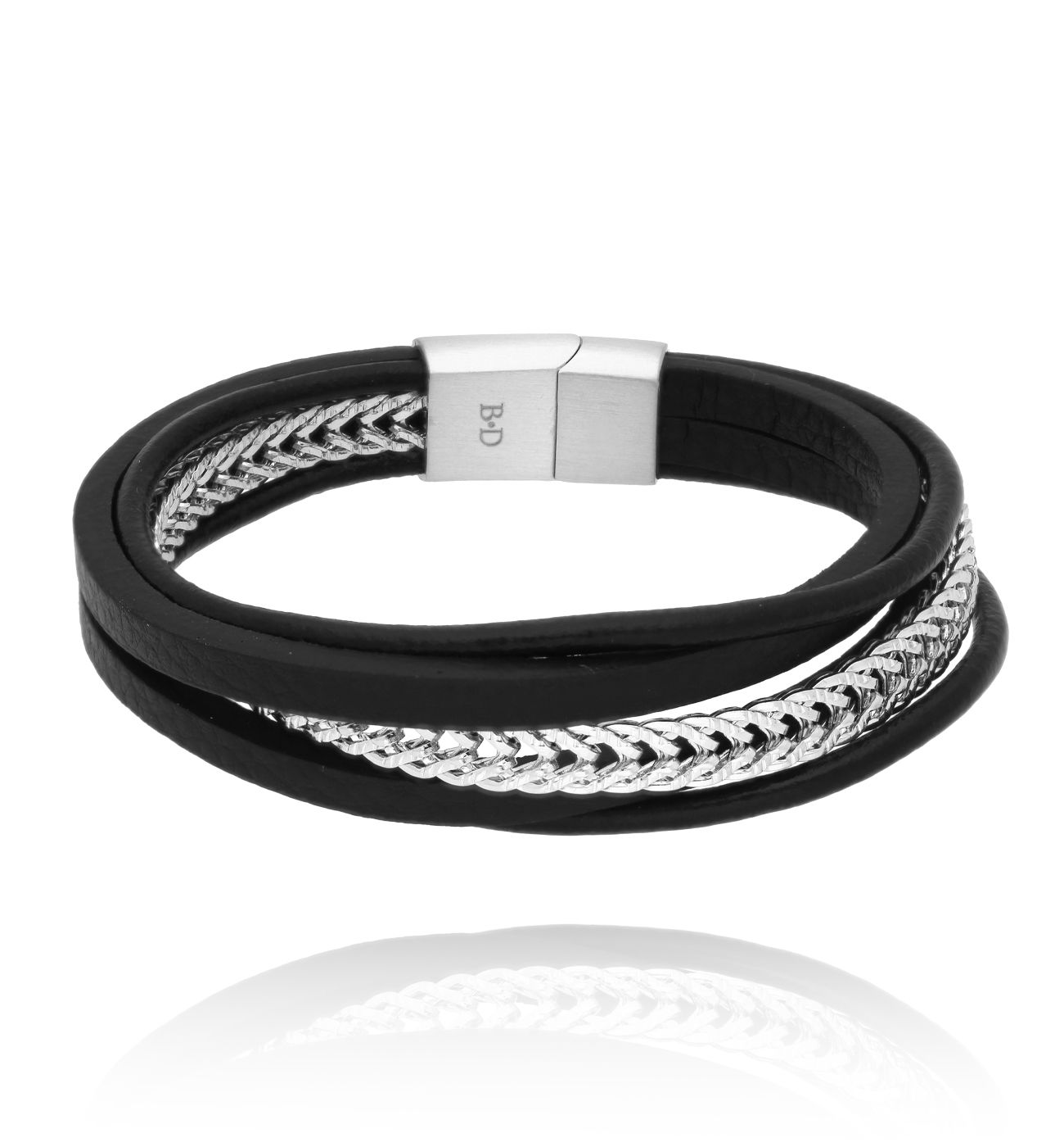 Bransoletka męska srebrna z łańcuchem i czarną skorą BMITC0901