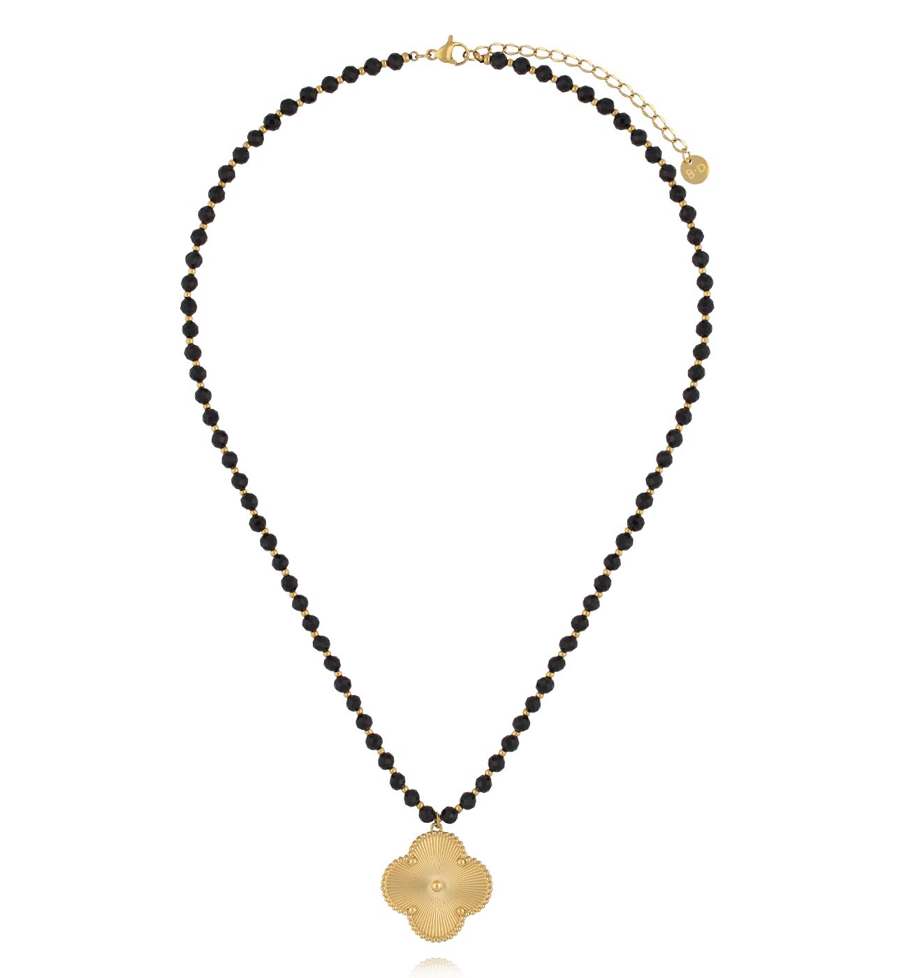 Naszyjnik z czarnymi turmalinami i złotą koniczynką NSY0685 - By Dziubeka