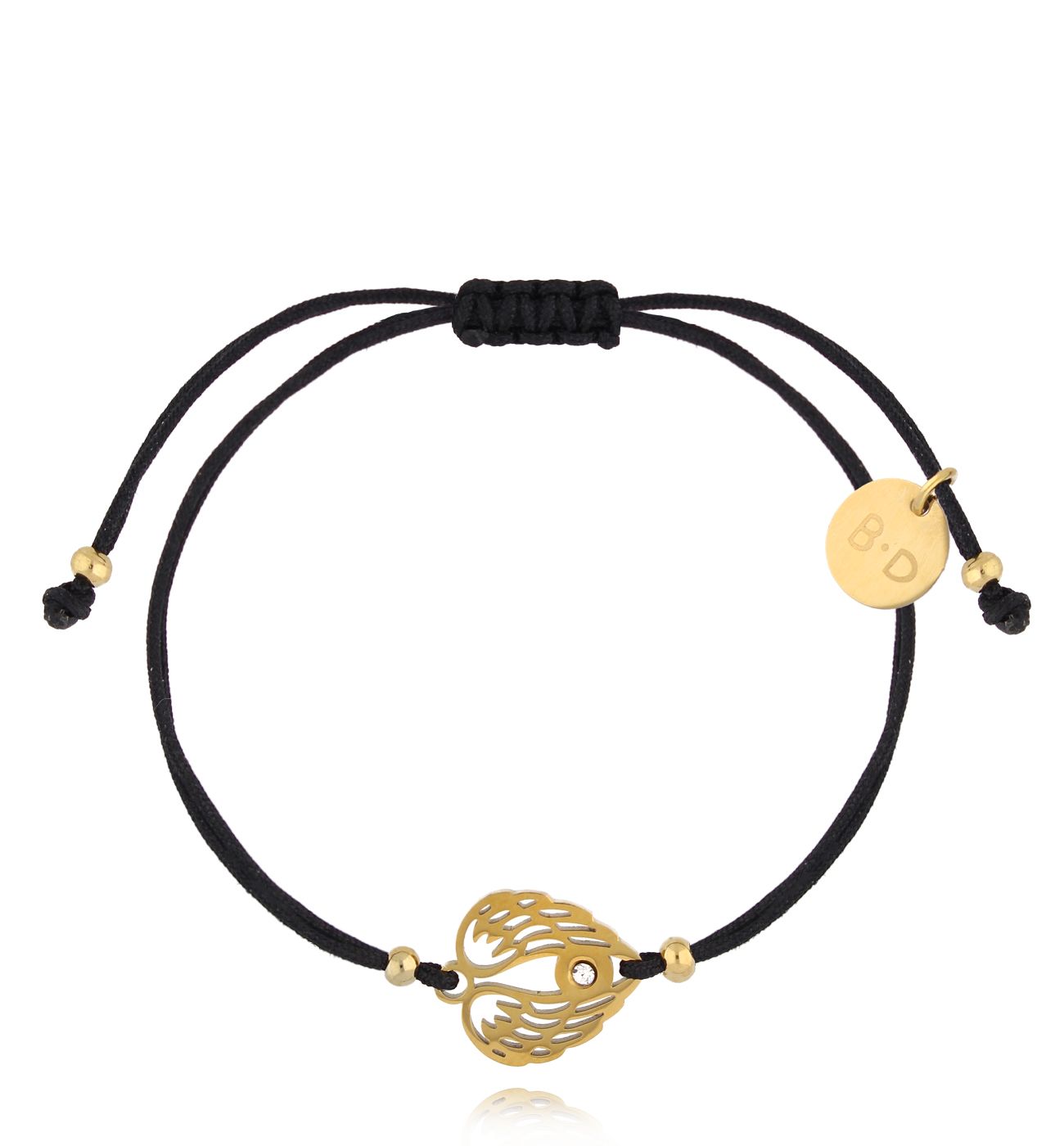 Bransoletka złota z czarnym sznurkiem i skrzydełkami Ailes BGL0823 - By Dziubeka
