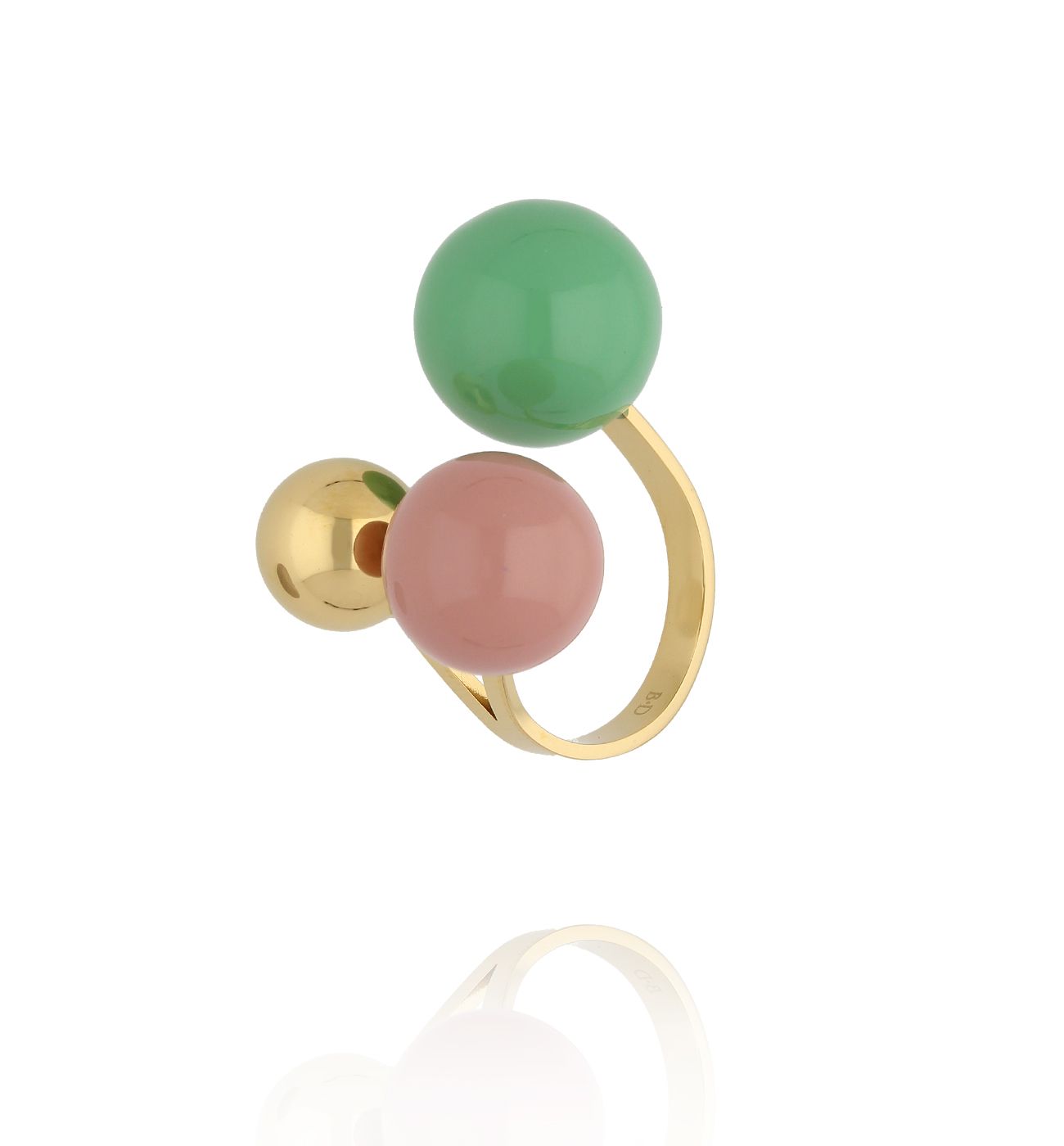 Pierścionek z kulami w odcieniach zieleni, pudrowego różu i złota - By Dziubeka