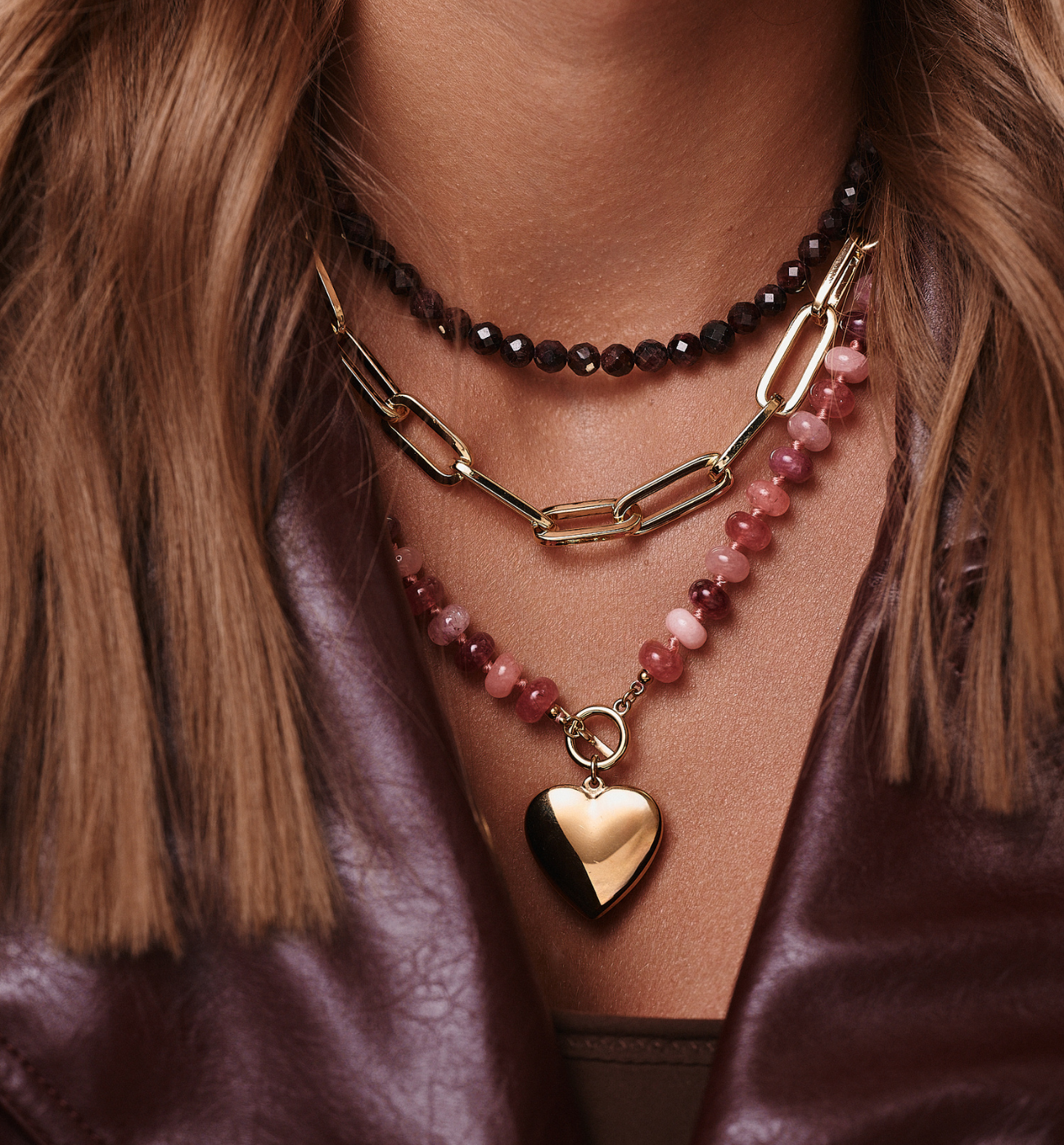 Naszyjnik z różowymi jadeitami i sercem - By Dziubeka