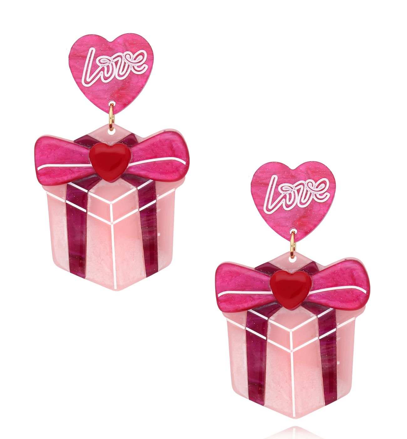 Kolczyki różowe z sercami i prezentem Gift of Love KZA0252 - By Dziubeka