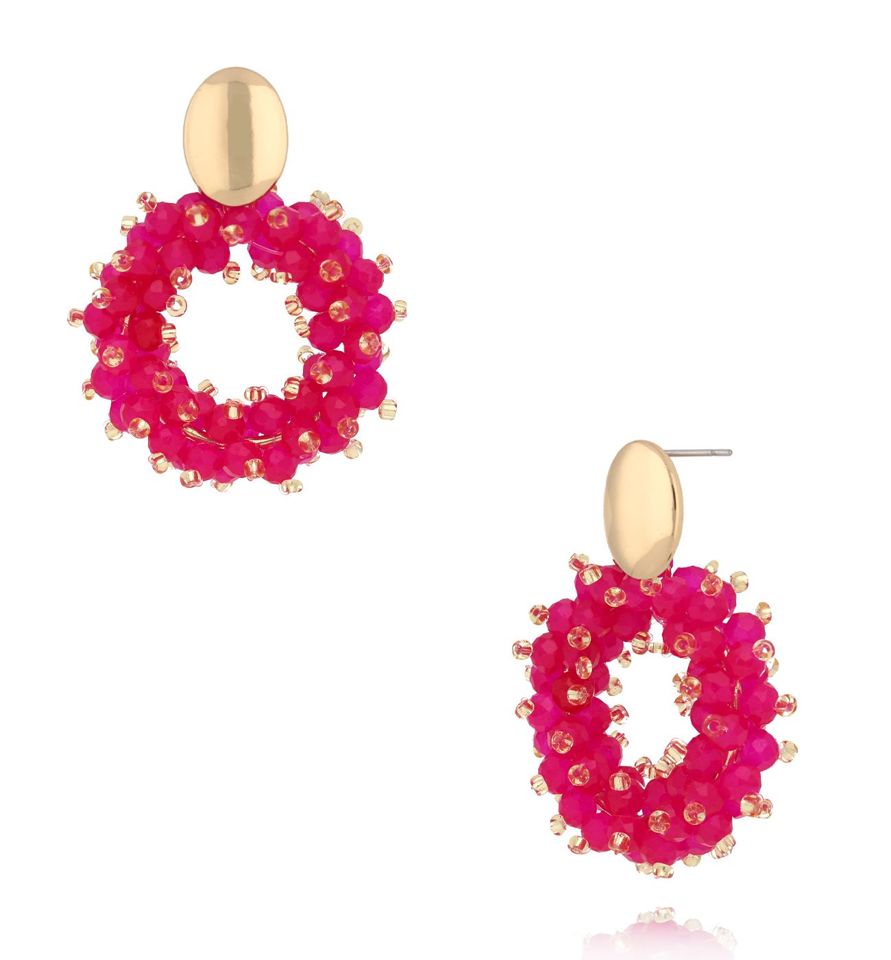 Kolczyki z fuksjowymi kryształkami okrągłe KWE0339 - By Dziubeka