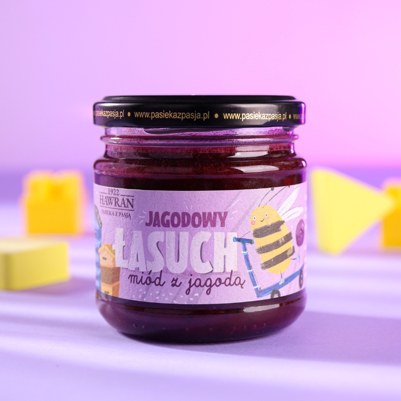Jagodowy łasuch - miód dla dzieci z jagodą 240g - Pasieka z Pasją Hawran