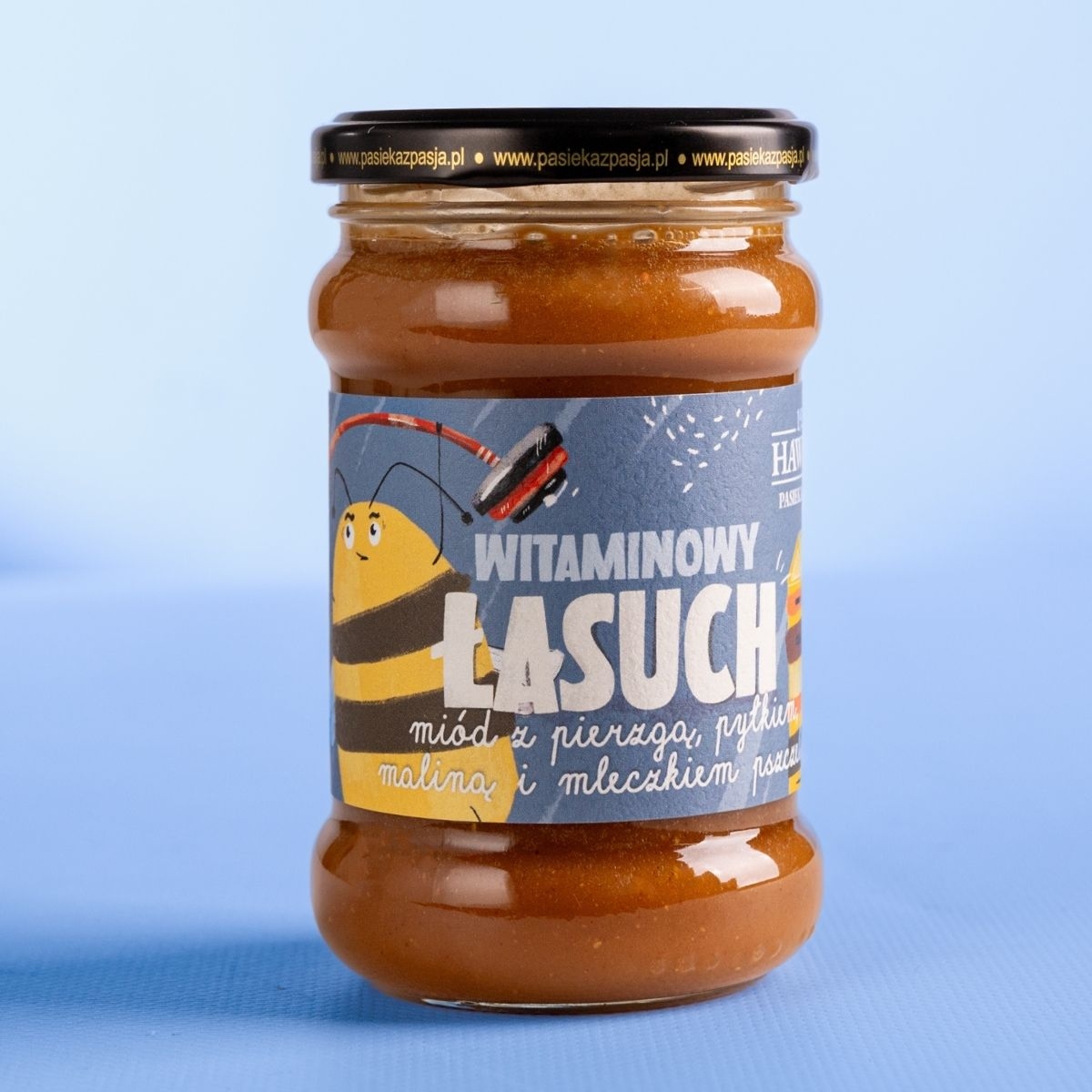 Witaminowy łasuch - miód dla dzieci z mleczkiem pszczelim, pierzgą, maliną i pyłkiem 370g - Pasieka z Pasją Hawran