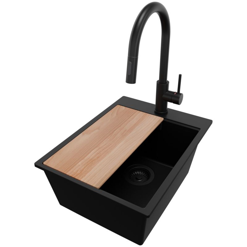 Zlewozmywak Granitowy Oslo PRIMAGRAN Nablatowy 38x50cm do szafki od 40cm, Cały Czarny + Bateria + Syfon + Deska, S092, 1 szt.