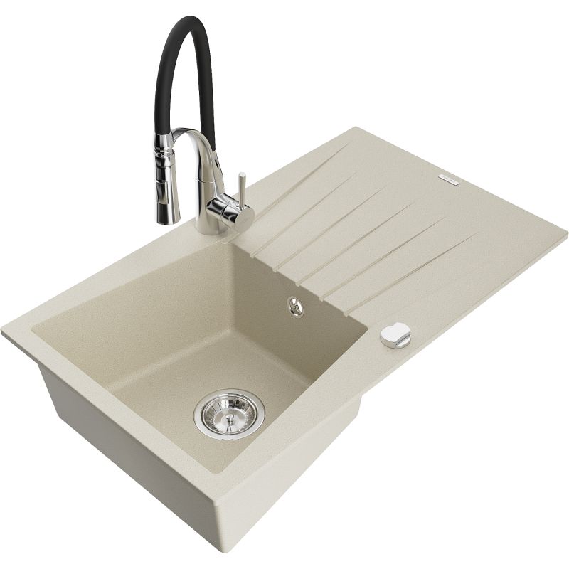 Zlewozmywak granitowy 1-komorowy Mexen Cesar z ociekaczem i baterią kuchenną Aster beżowy 6514-69-73450-07