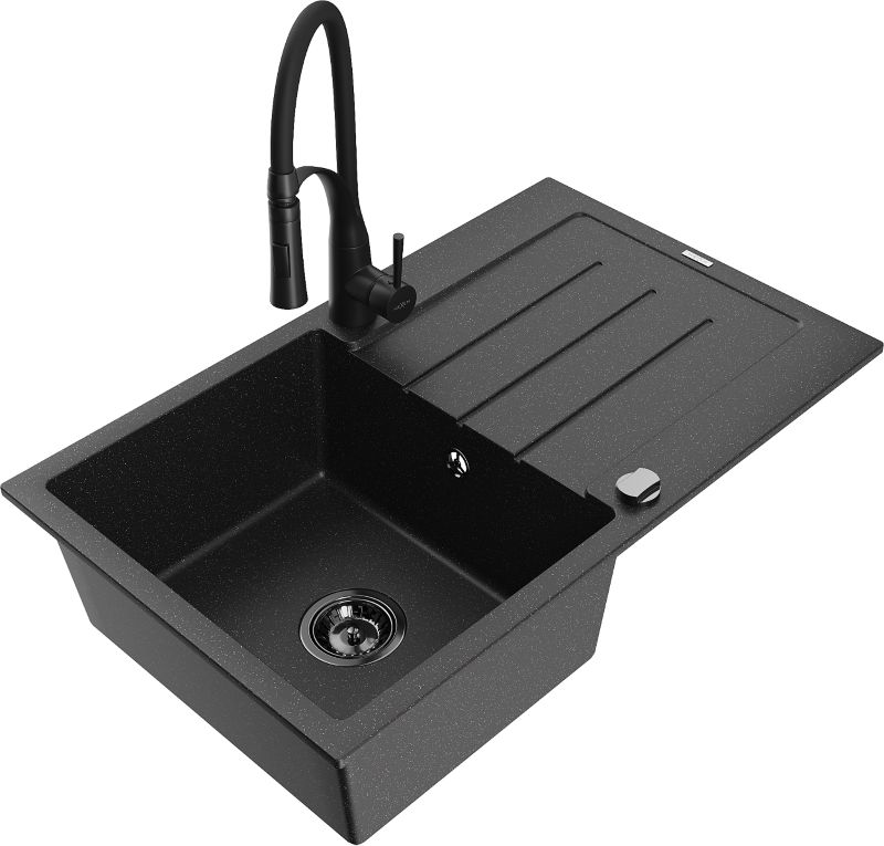 Zlewozmywak granitowy Mexen Bruno 1-komorowy z ociekaczem i baterią kuchenną Aster szary - 6513-71-73450-70-B 1 szt.