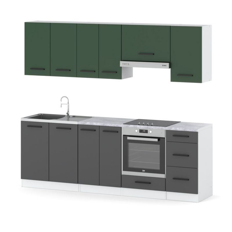 Zestaw Kuchenny Hurtownia-Mebli Z Blatem Kuchnia Mokka Plus 240cm Biały Mat Butelkowa Zieleń/Szary Mat 240x47x145 cm 1szt.