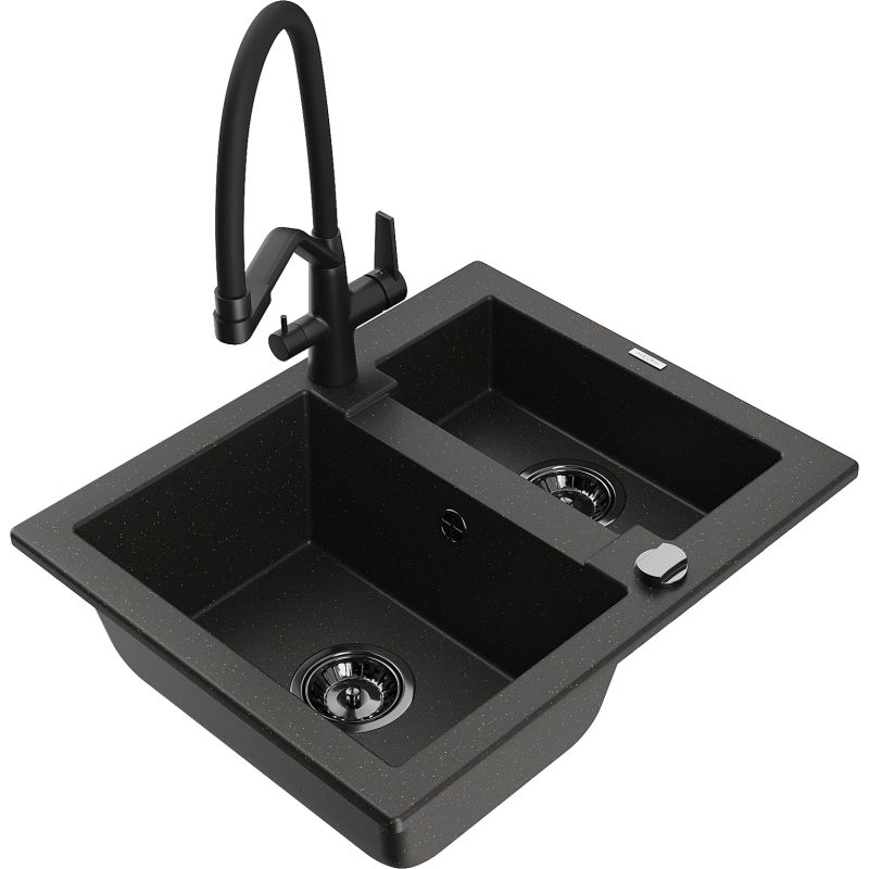 Zlewozmywak granitowy 1.5-komorowy Mexen Carlos z baterią kuchenną Elia beżowy - 6518-69-670101-70 1 szt.