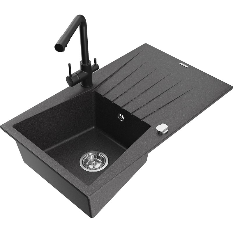 Zlewozmywak granitowy 1-komorowy Mexen Cesar z ociekaczem i baterią kuchenną Duero czarny nakrapiany 6514-76-671600-70