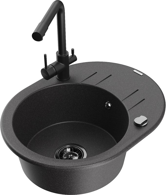 Zlewozmywak granitowy Mexen Kevin 1-komorowy z ociekaczem i baterią kuchenną Duero czarny 6517-76-671600-70-B