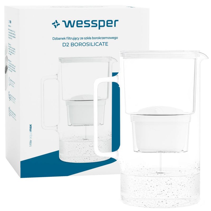 Dzbanek filtrujący wodę 3l, Wessper, szklany, biały + 1 filtr do wody Wessper AquaMax, 2szt
