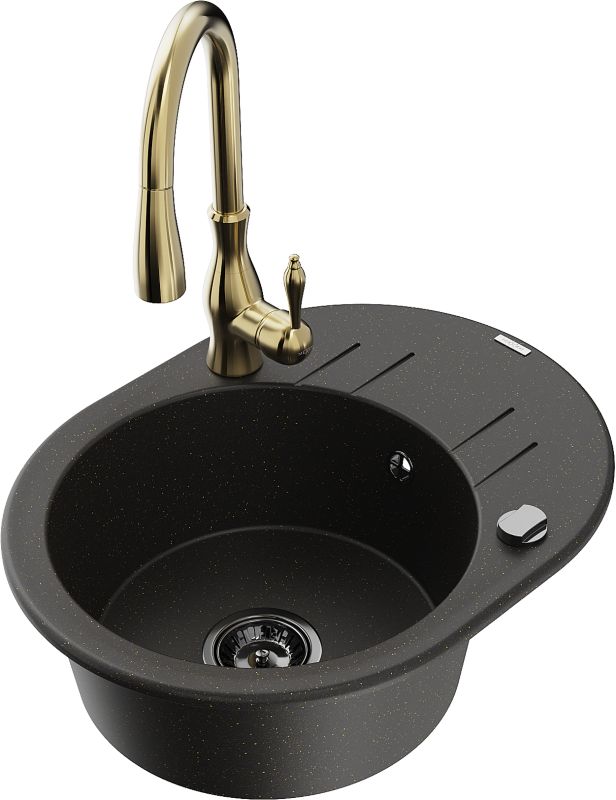 Zlewozmywak granitowy Mexen Kevin 1-komorowy z ociekaczem i baterią kuchenną Savita czarny/złoty 6517-75-672601-50-B