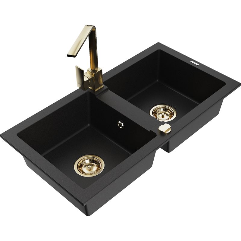 Zlewozmywak granitowy 2-komorowy Mexen Mario z baterią kuchenną Rita czarny - 6504-77-670300-70-B 1 szt.