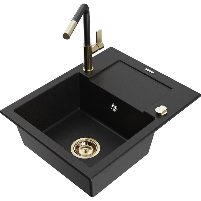 Zlewozmywak granitowy 1-komorowy Mexen Enzo z ociekaczem i baterią kuchenną Flora czarny - 6506-77-670401-07-B 1 szt.