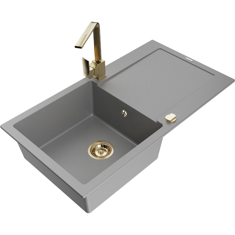 Zlewozmywak granitowy 1-komorowy Mexen Leo z ociekaczem i baterią kuchenną Rita szary 6501-71-670300-50