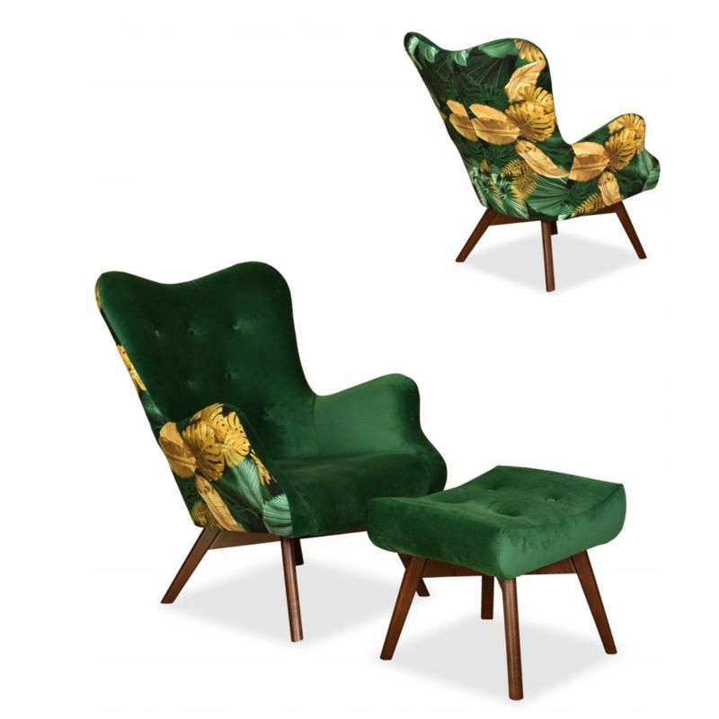 Fotel uszak do salonu z podnóżkiem Family Meble Luna Print Duo zielony 1szt
