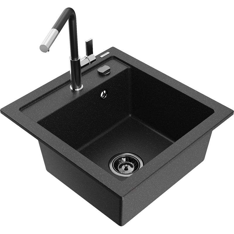 Zlewozmywak granitowy 1-komorowy Mexen Vito z baterią kuchenną Flora czarny/srebrny metalik 6503-73-670401-07-B