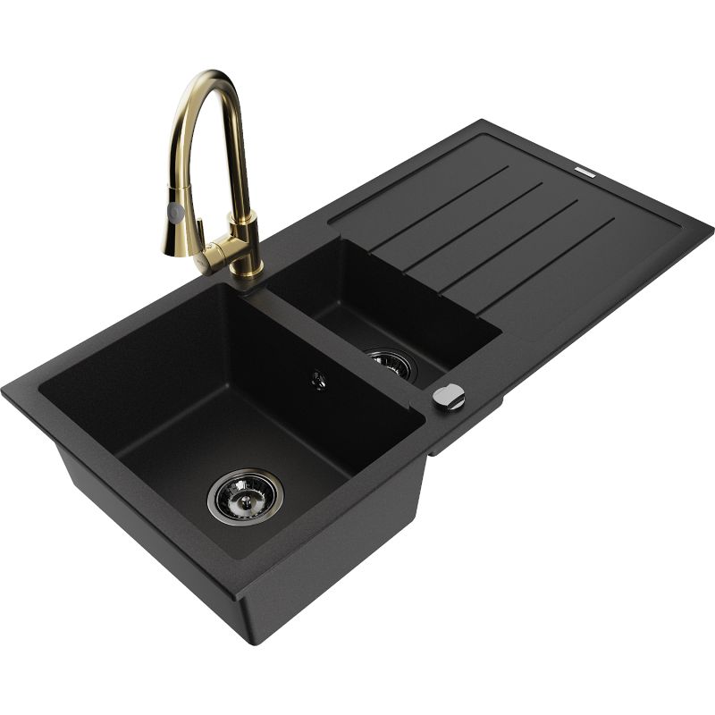 Zlewozmywak granitowy 1.5-komorowy Mexen Andres z ociekaczem i baterią kuchenną Elia czarny - 6515-77-670101-00 1 szt.