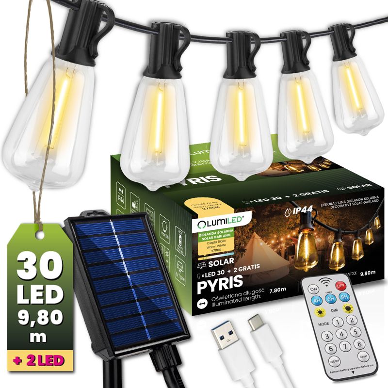 Girlanda Solarna Lumiled Ogrodowa 30x LED Ozdobne Żarówki 9.8m 2700K z Pilotem 1 szt.