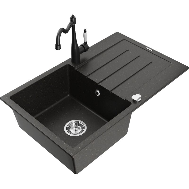 Zlewozmywak granitowy 1-komorowy Mexen Bruno z ociekaczem i baterią kuchenną Duero biały - 6513-20-671600-70 1 szt.