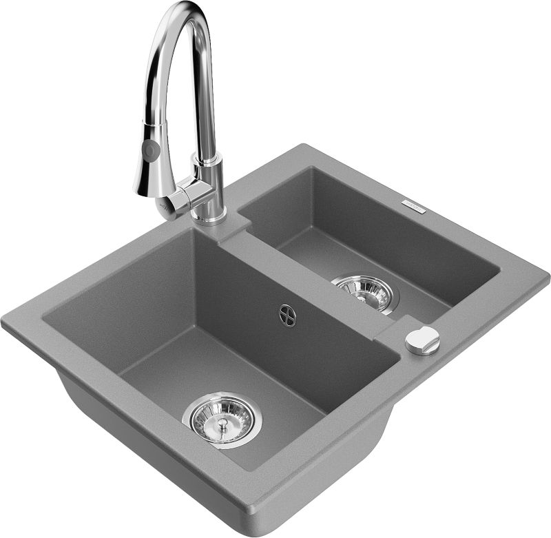 Zlewozmywak granitowy Mexen Carlos 1,5-komorowy z baterią kuchenną Elia szary 6518-71-670101-00