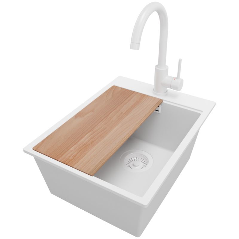 Zlewozmywak Granitowy Oslo PRIMAGRAN Nablatowy 38x50cm do szafki od 40cm, Cały Biały + Bateria + Syfon + Deska, S086, 1 szt.