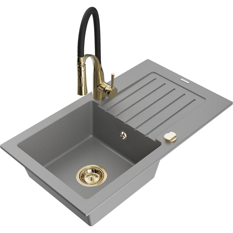 Zlewozmywak granitowy 1-komorowy Mexen Pablo z ociekaczem i baterią kuchenną Aster szary 6510-71-73450-57-G